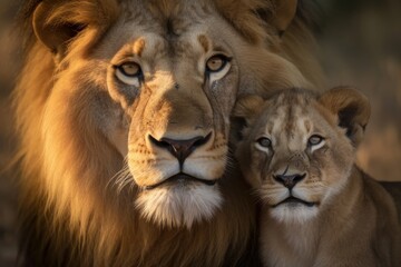 Fototapeta na wymiar The portrait composition showcases the heartwarming bond between a male lion and its cub