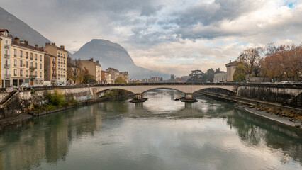Grenoble, Auvergne-Rhône-Alpes, France - December 4, 2022: River Drac in Grenoble
