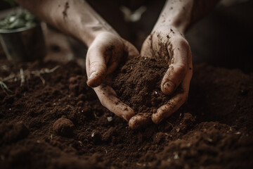 Harvesting the Earth: Two hands holding a pile of soil - obrazy, fototapety, plakaty
