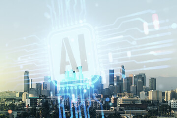 Double exposure of creative artificial Intelligence icon on Los Angeles city skyscrapers background. Neural networks and machine learning concept