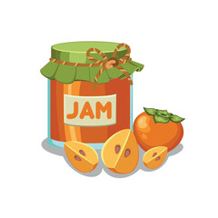 Set of cute hand drawn persimmon jam jars and juice with ripe fruits. Sweet homemade dessert. Vector graphic elements for card, package, label, wrapping paper, print, banner, advertising or poster.