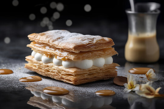 Mille foglie, torta tipica francese, fetta di torta con panna, panna montata, elegante, zucchero a velo. Croccante mille foglie. 