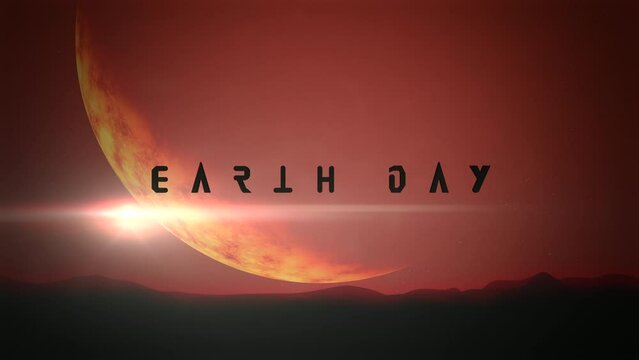 Earth Day with red planet and mountain in dark galaxy, motion abstract futuristic, cosmos and sci-fi style background