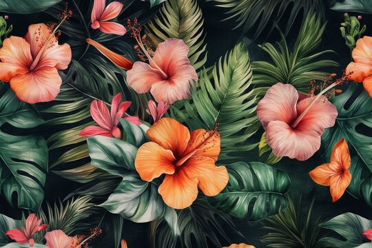 Fototapeta Seamless tropical flower pattern, watercolor. Generative AI