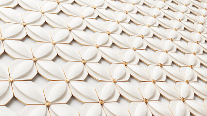 Abstract geometric beautiful pattern background. Shiny ceramic white tiles with golden elements. 3d render illustration.