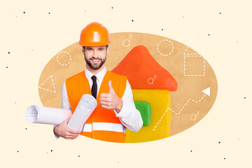 Collage sketch image of confident clever guy showing thumb up developing new house isolated...