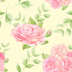 Beautiful flowers. Watercolor pink roses pattern from cream background