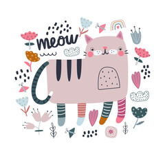 Print with cute cat. Scandinavian style flat design. Concept for children print.
