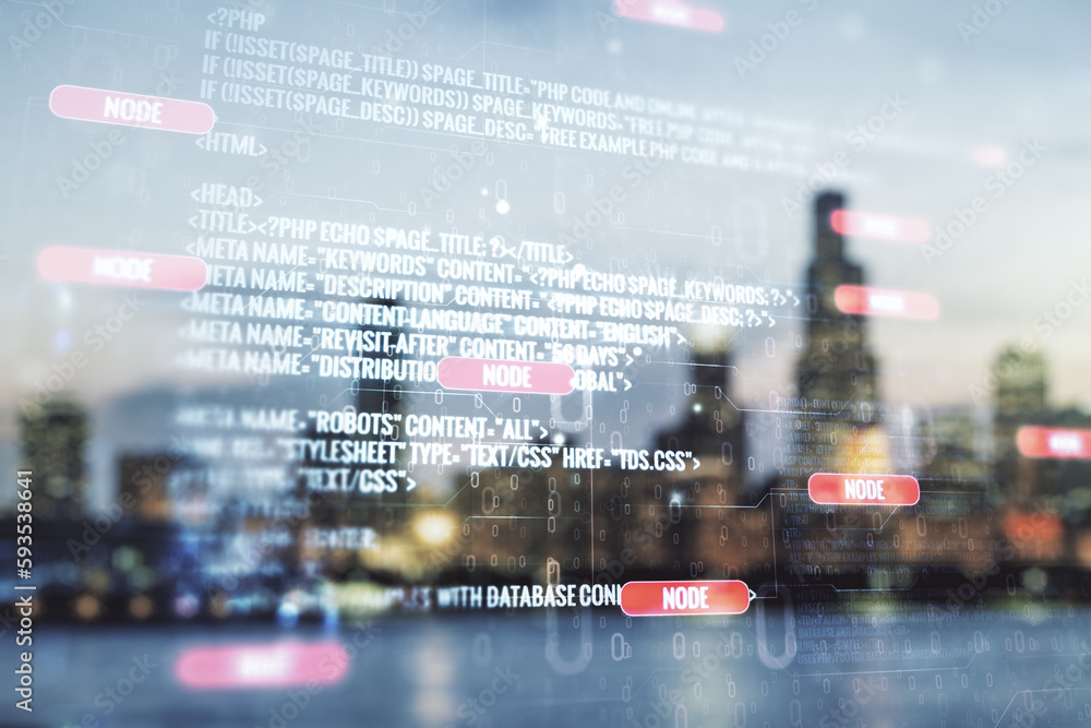 Poster multi exposure of abstract creative coding sketch on blurry skyline background, artificial intellige