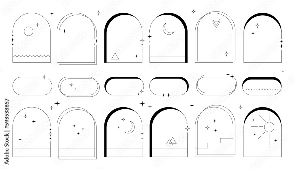 Poster set of vector y2k frames, architectural arcs, abstraction windows with moon and stars.