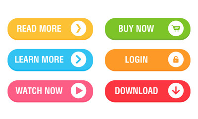 Set of vector modern trendy buttons. Trendy colors on white background. Read more, learn more, buy now, download, watch now, login colorful button set