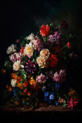 Obraz na płótnie Canvas Vibrant Bouquet: A Painting of Colorful Flowers Against a Dark Background