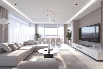 Fototapeta na wymiar Luxury Condo Living Room with Flat Screen tv - All White Render, Cinematic Lighting and Chic Decor