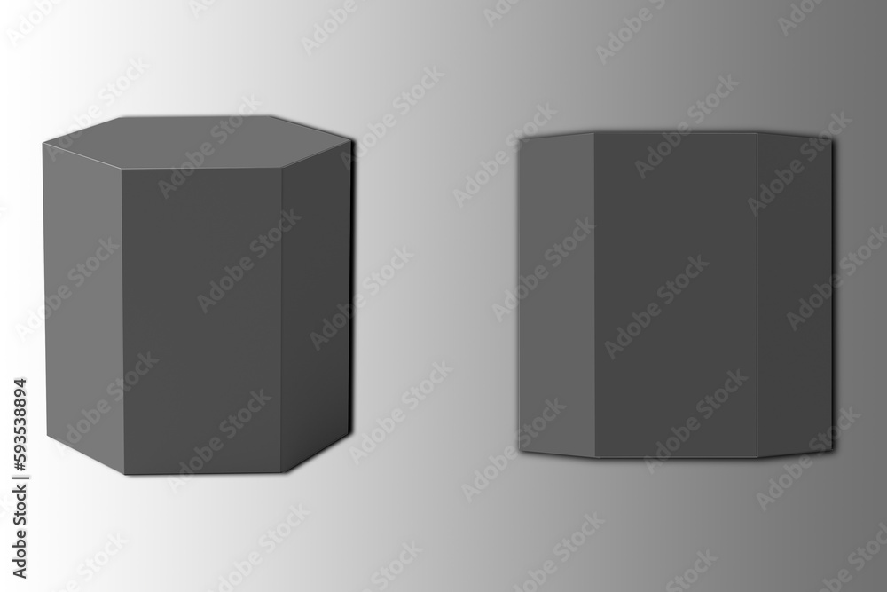 Poster black hexagonal box mockup isolated on a gray background. 3d rendering.
