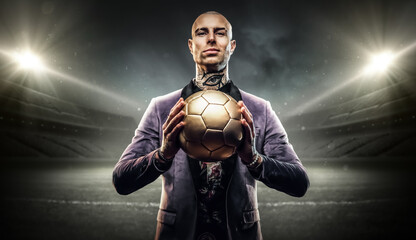 Art of confident football player dressed in stylish attire holding soccer ball.