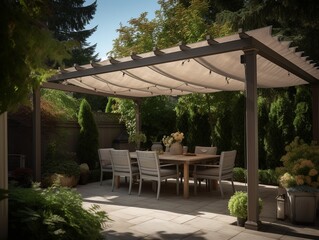 Luxurious contemporary patio with pergola and outdoor dining. generative ai