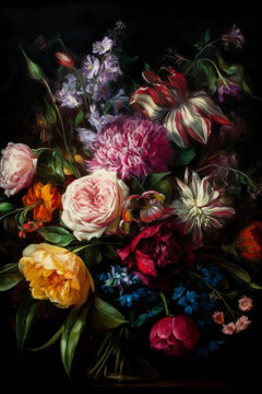 Vibrant Bouquet: A Painting of Colorful Flowers Against a Dark Background