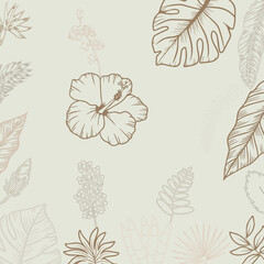 Elegant tropical leaves and flowers pattern with outline, Wallpaper