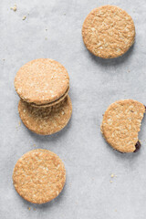 Top view of oat cookies, homemade oatmeal cookies, Top view of thin oat biscuits