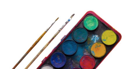 PNG Image, water color palette with two paint brushes