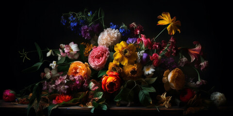 Vibrant Bouquet: A Painting of Colorful Flowers Against a Dark Background