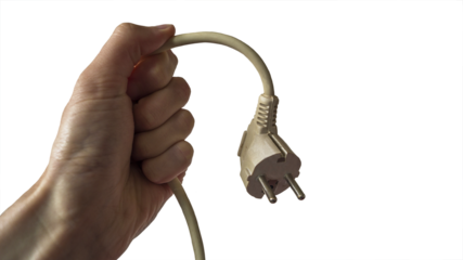 PNG a caucassian male hand holding a electric plug unplugged against a white background PNG isolated
