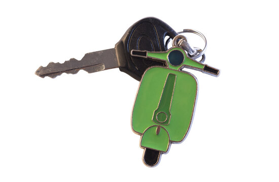 PNG mobile scooter key with a green metal scooter icon hanger attached to the keys with a metal ring. PNG image