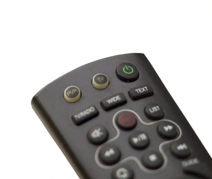 PNG TV remote control with focus on and off button on a white background PNG image