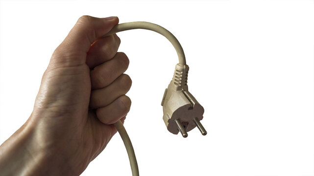 PNG a caucassian male hand holding a electric plug unplugged against a white background PNG isolated