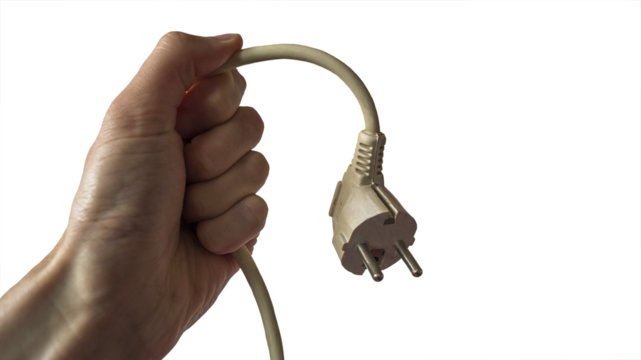 PNG a caucassian male hand holding a electric plug unplugged against a white background PNG isolated