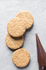 Top view of oat cookies, homemade oatmeal cookies, Top view of thin oat biscuits
