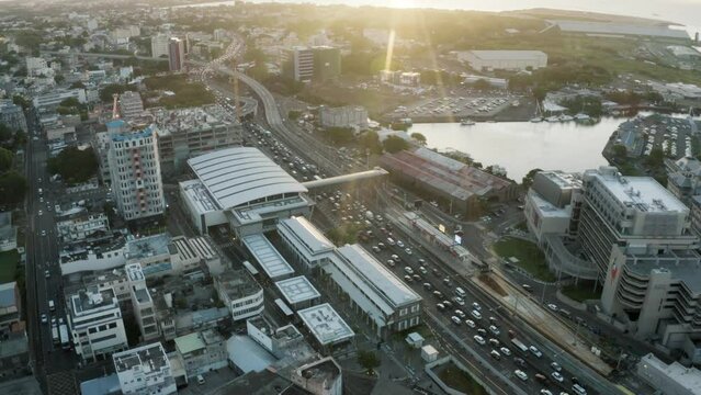 Aerial Rotation shot of Caudan Highway in Port Louis during sunset time in Mauritius