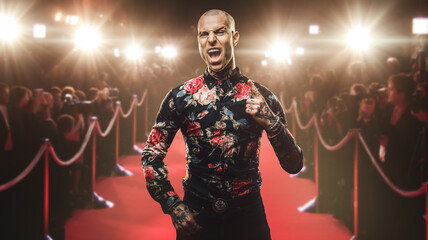 Portrait of crazy man dressed in stylish suit posing against red carpet and crowd.