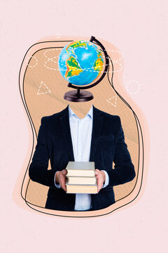 Collage artwork graphics picture of teacher globe instead head holding book stack pile isolated painting background