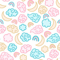 Cute Rainbows, Clouds and Moons Vector Seamless Pattern. Doodle Childish Background for Nursery Interior or Fabric Textile and Baby Shower