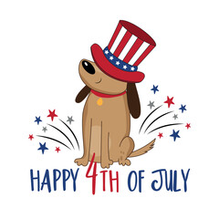 Happy 4th of July - cartoon dog in uncle sam hat and with fireworks. good for T shirt print, poster, greeting cad, label and other decoration.