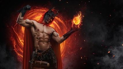 Art of medieval wizard with naked torso and muscular body against dark background.