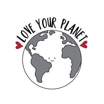 Love your planet - Hand drawn Earth Planet with heart. Happy Earth Day decoartion.