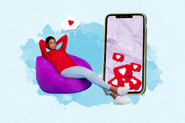 Collage 3d pinup pop retro sketch image of resting relaxing lady guy dreaming getting likes modern...