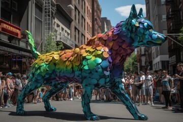 Fototapeta na wymiar Pride festival with people celebrating on rainbow colors background. Generative AI