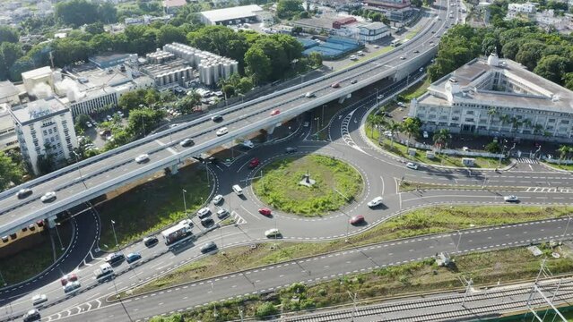 Aerial view of busy traffic of a roundabout in Vacoas Phoenix, Mauritius