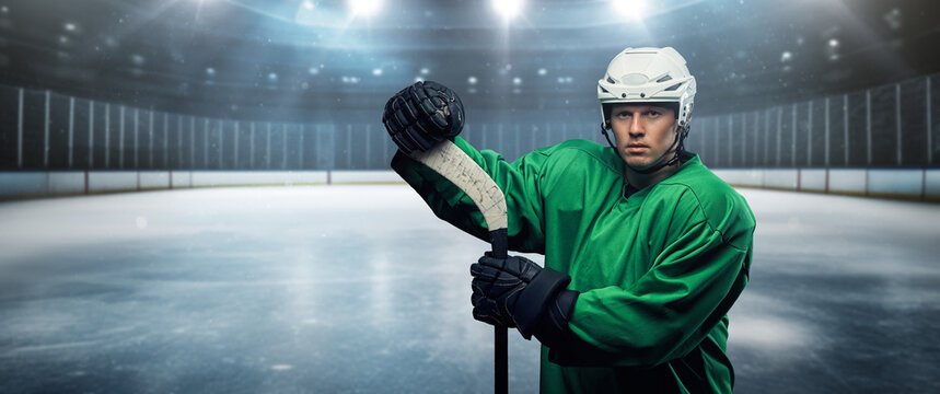 Art of hockey player man dressed in protective sportswear and helmet.
