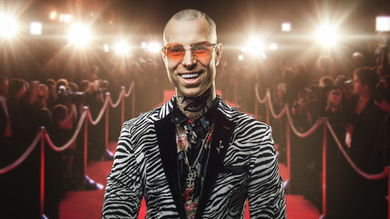 Shot of tattooed rich guy dressed in trendy suit and glasses posing on red carpet.