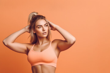 Obraz premium Building a Better Body: Athletic Girl Performing Fitness Poses on Pastel Orange Background with space for Text. Copy space. Health and Exercise Concept AI Generative