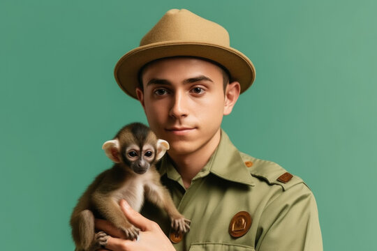 Caring for Wildlife: Zookeeper holding a small monkey on isolated pastel green background with space for text. Copy space. Wildlife conservation concept AI Generative