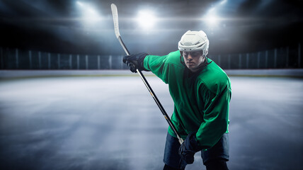 Art of hockey player man dressed in protective sportswear and helmet.