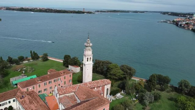 Drone view of the island of San Lazaro degli Armeni, moving around counterclockwise.