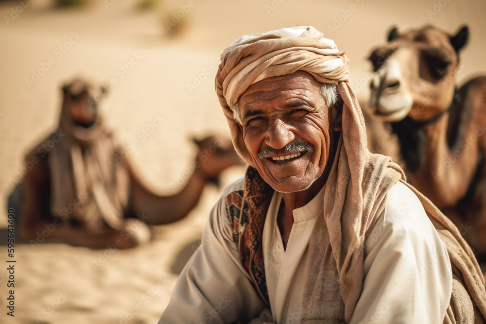 Poster a portrait of a smiling old muslim with camels in background. created with generative ai technology.