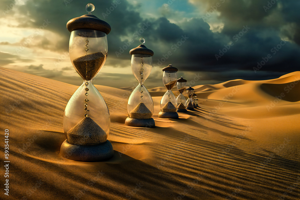 Poster old hour glasses on desert dunes at sunset. surreal time metaphor composition. time related concept.