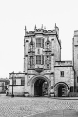 Bristol, England, UK: Abbot's Gatehouse, medieval building located next to the Cathedral of Bristol in black and white